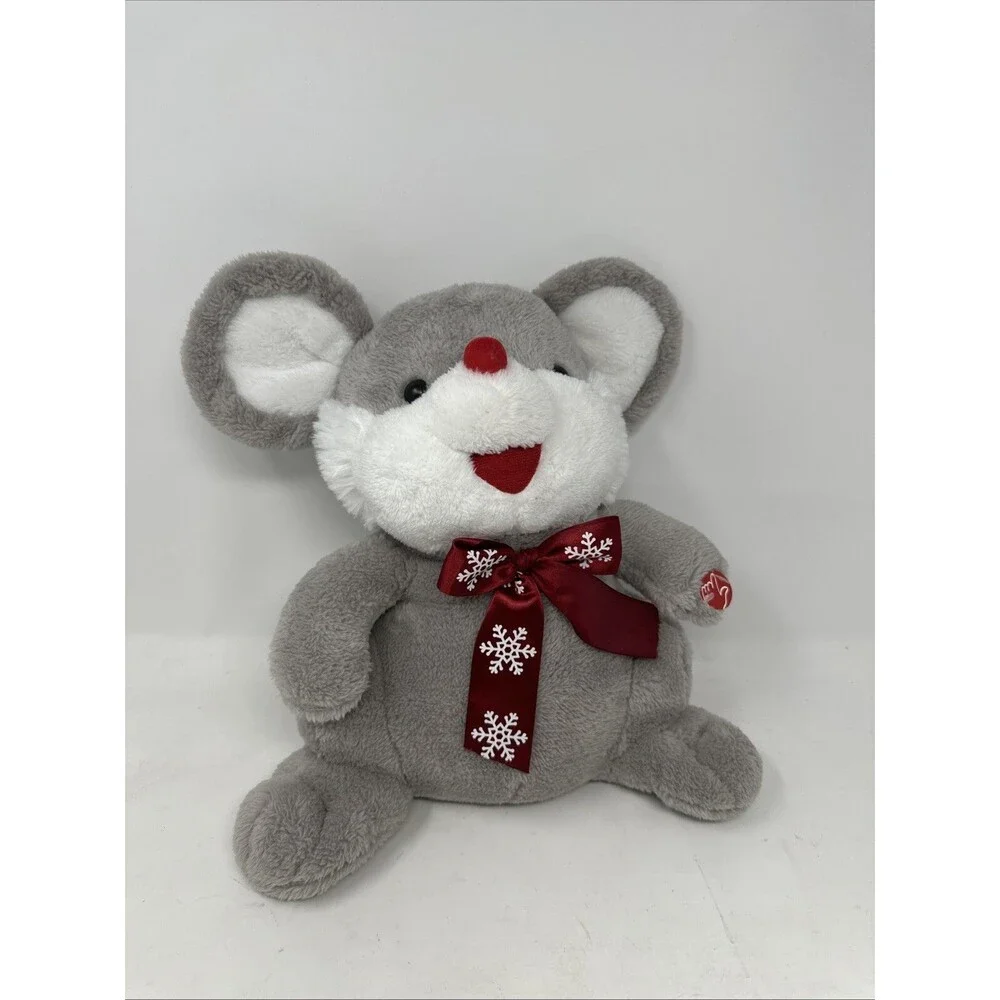 Dan Dee Plush 14” Gray Mouse Christmas w/ Red Nose Snowflake Scarf